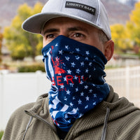 Man wearing Liberty Safe neck gaiter over face